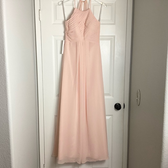 NWT Azazie Ginger A-Line Halter Pleated Chiffon Floor Length Dress Pearl Pink 4 - Picture 2 of 12